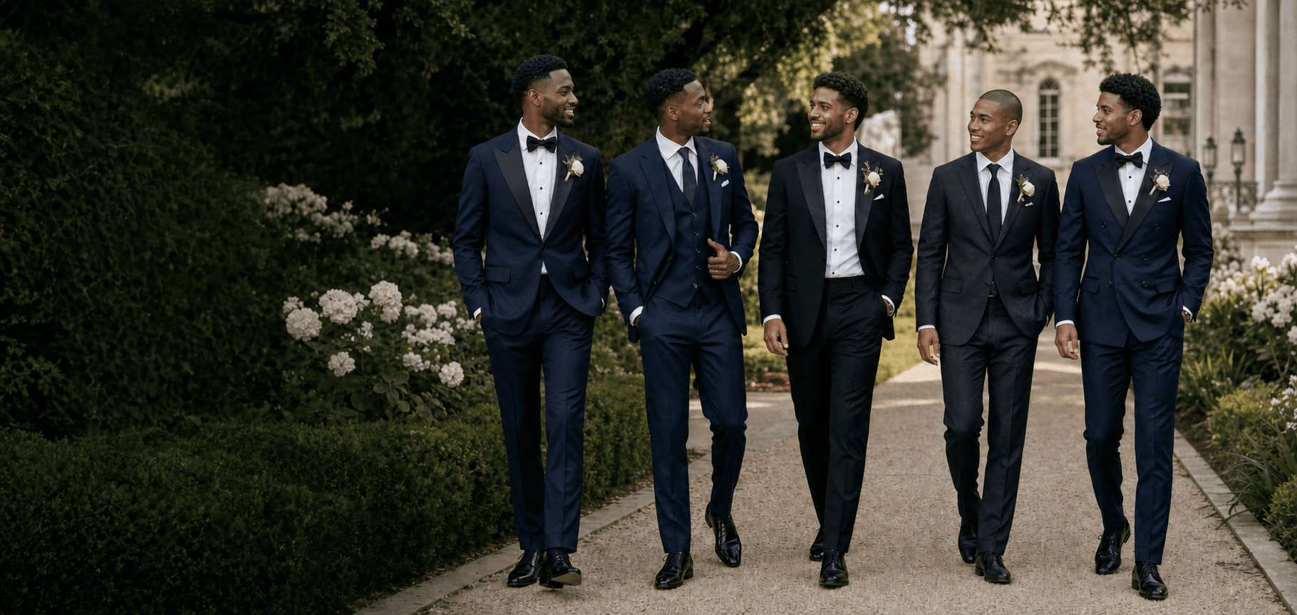Groomsmen in tailored wedding suits walking through a formal garden