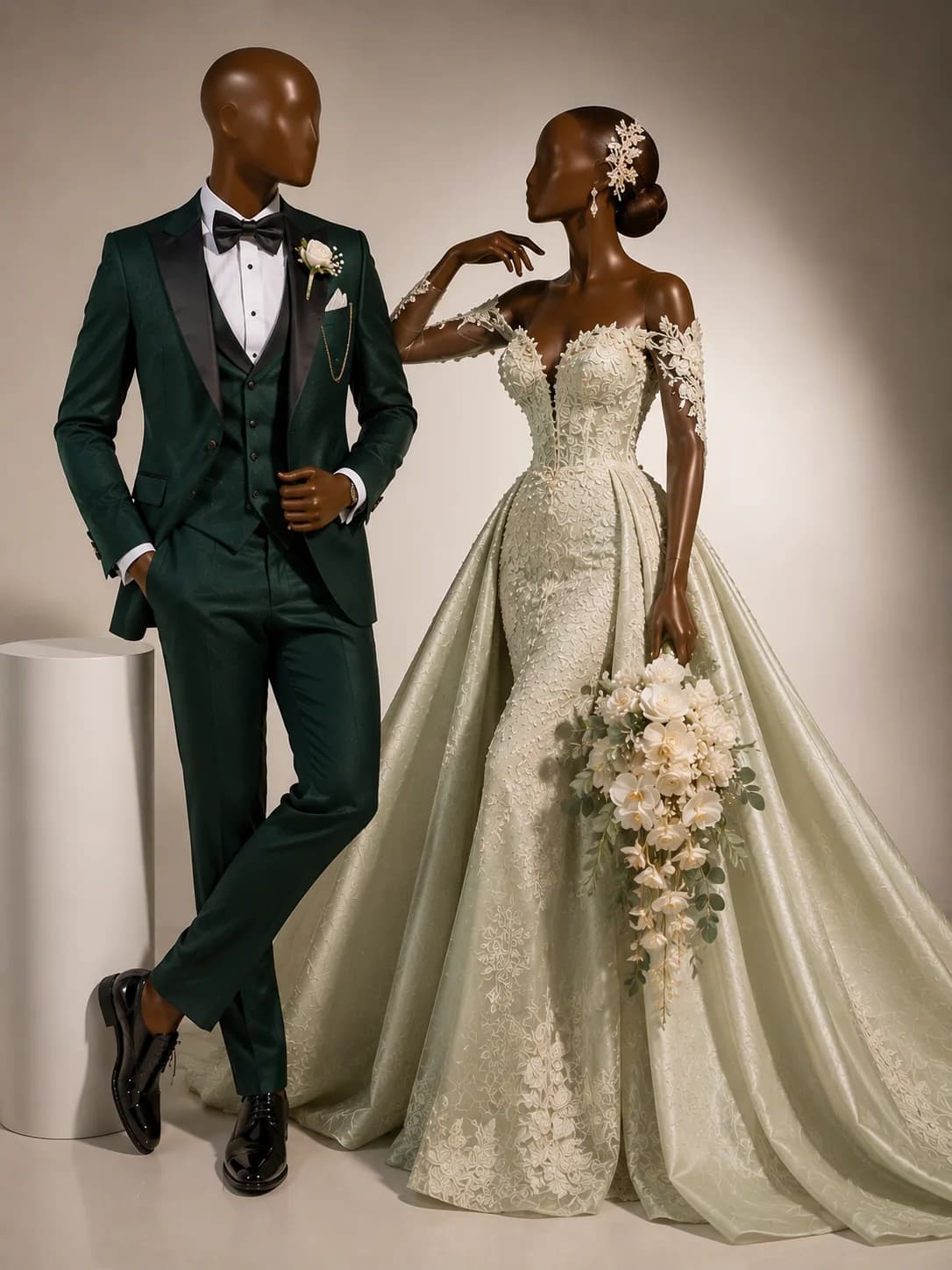 Emerald three-piece groom suit design concept displayed beside an ivory bridal gown