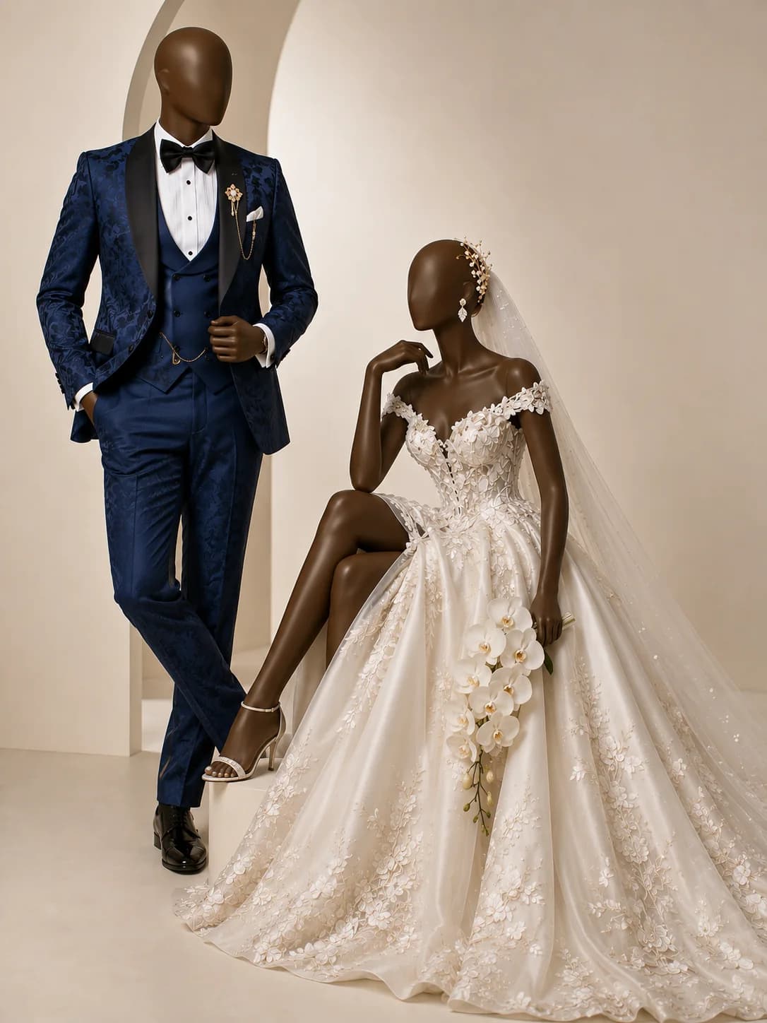 Navy patterned three-piece groom suit design concept displayed beside an ivory bridal gown