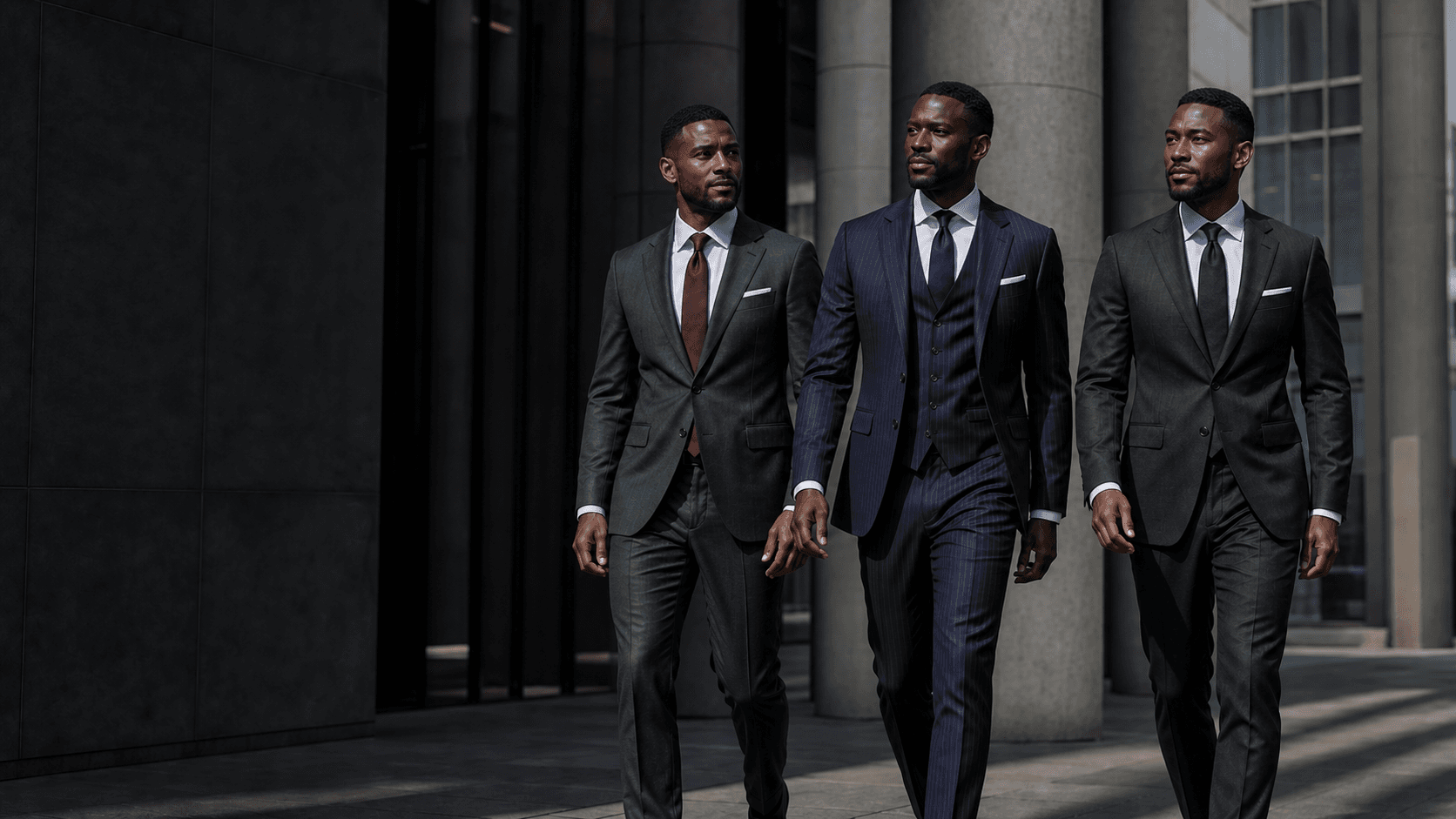 Three men wearing tailored King Of Suits ensembles